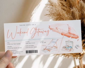 Weekend getaway ticket template, surprise weekend gift certificate, birthday trip travel voucher, weekend getaway gift coupon decoration