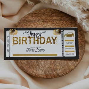 Birthday driving lessons voucher printable happy birthday gift, custom ticket learner driver, driving practice surprise driving lessons card