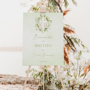 Bienvenidos al bautizo sign printable, hojas verdes cartel bienvenida bautizo niño para, green leaves baptism welcome sign in spanish - C206