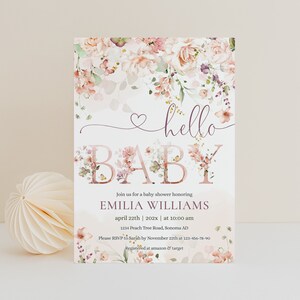 Blush pink floral hello baby invitation template, floral baby shower invitation for girl, floral girl invite, baby brunch sprinkle - C134 image 3
