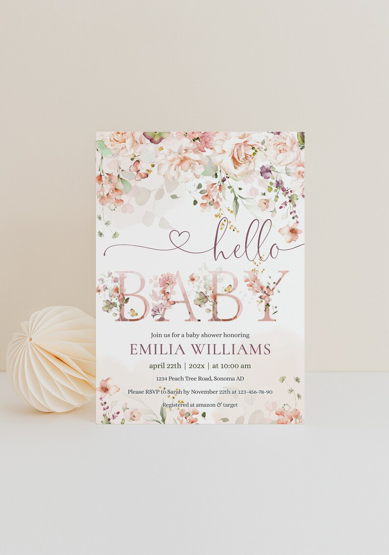 Blush pink floral hello baby invitation template, floral baby shower invitation for girl, floral girl invite, baby brunch sprinkle - C134 image 3