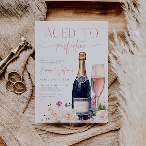 Champagne adult birthday invitation card, editable wine cheers woman adult birthday invitation, blush pink wine floral birthday invite -C496