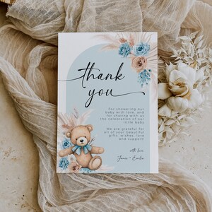 Bohemian blue floral thank you card printable, blue arch thank you card baby shower themed decoration, bear shower thank you card boy - C443