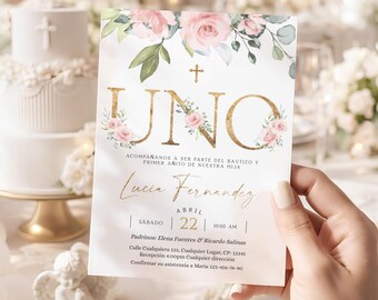 Invitacion bautizo uno en espanol, bautizo y primer añito, printable baptism 1st birthday invite spanish, invitación niña cumpleaños - C35