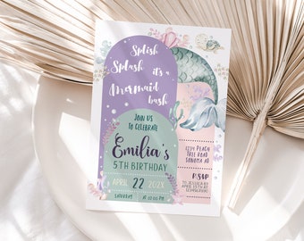 Under the sea mermaid birthday invitation editable, printable any age mermaid birthday party girl, modern mermaid invitation birthday - C124