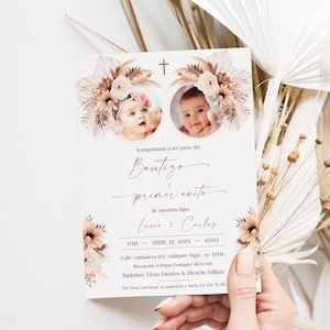 Invitacion bautizo en espanol editable, invitaciones de bautizo y primer añito de la foto, twins boy girl baptism 1st birthday invite - C164
