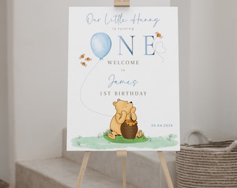 Hunny 1st birthday welcome sign printable, our little hunny is turning ONE welcome sign, winnie blue birthday party welcome poster - C538-b