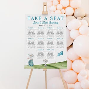 Golf 1st birthday party seating chart printable, golf sport theme boy birthday party seating chart, golf party birthday seating chart - C719
