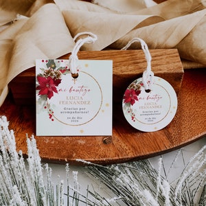 Christmas flower cruz de oro bautizo etiqueta gracias tags español, winter red modern baptism girl favor gift tags printable in spanish-C308