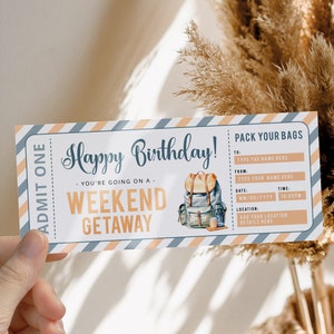 Happy birthday weekend travel gift ticket printable, surprise trip gift tickets weekend getaway b-day, pack you're bag suprise trip reveal