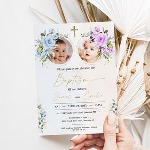 Baptism invitation twins, girl and boy baptism invitation with photo template, eucalyptus baptism editable, twin christening invitation