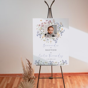 Flores azules niño bautizo poster español, spanish bautizo welcome sign with photo template, religious welcome sign flores en español - C516