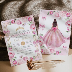 Coquette quinceañera invitation printable, pink bow sweet 16th birthday invite, gold crown spring floral mis quince 15 anos invitacion -C702