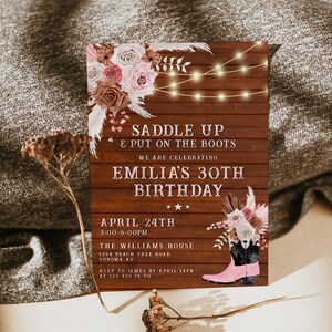 Western saddle up any age adult birthday invitation, editable cowgirl birthday invitation card, boho pink floral wild west adult invite-C417