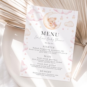 Girl bear baby shower menu printable, bear pink clouds baby shower menu card, moon and stars in the sky girl baby shower menu card - C675-g