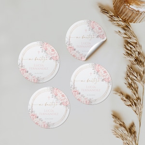 Pink floral round baptism favor labels in spanish, mi bautizo niña spanish gift sticker, girl pink flowers baptism sticker printable - C099