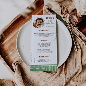 Rookie year birthday party menu printable, american football 1st birthday party menu card, boy football first birthday menu with photo -C651