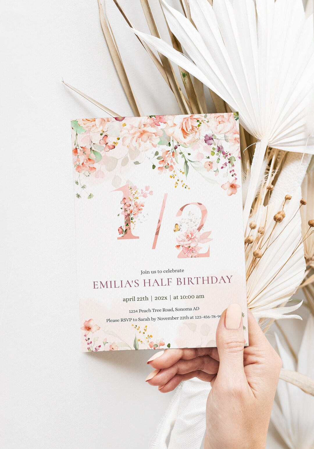 Invitations for Girl Half Birthday Printable, 6 Months Pink Floral ...