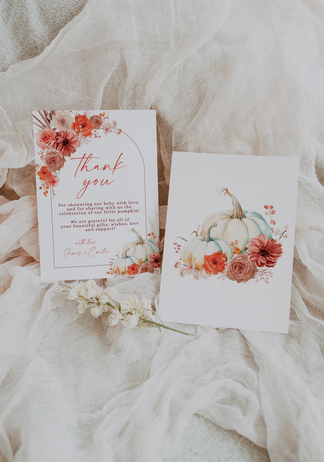 Autumn Floral Baby Shower Thank You Note Printable, Thank You Card Baby