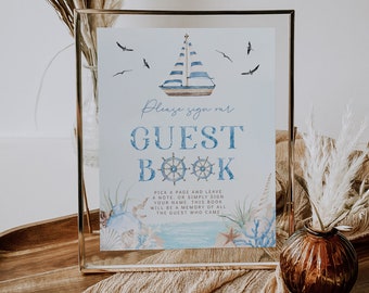 Guest book sailboat baby shower sign, ocean & sea guest book table sign template, guest book marine baby shower sign, nautical poster - C234