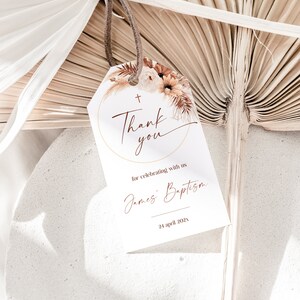 Bohemian thank you tags printable, baby favor gift tags with photo, boho thank you baptism gift tags template, boy baby shower tags - C164