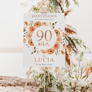 Elegant orange floral woman 90th birthday adult welcome sign in spanish printable, cartel floral de bienvenida para 90 cumpleaños - C813