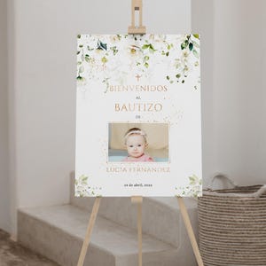 Modern cartel de bienvenida bautizo, green and gold mi bautizo welcome sign with photo printable, floral cartel bienvenida bautizo - C203