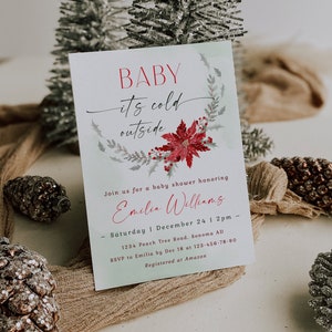 Christmas holiday baby shower invite printable, baby It's cold outside baby shower invitation, red poinsettia baby shower invitation - C341