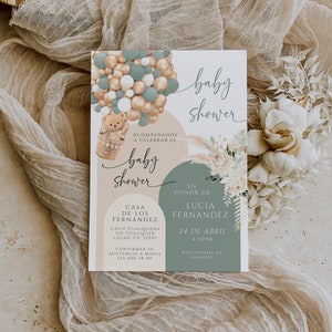 Spanish bear baby shower invitation printable, boho niño niña baby shower invitación español, greenery baby shower invitacion español - C428