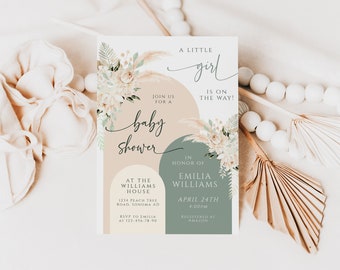 A little girl is on the way greenery baby shower invitation card printable, bohemian arch pampas grass baby invitation card decoration -C532