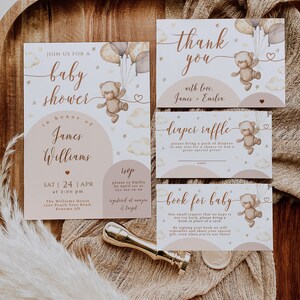 Bear baby shower invitation set decor, we can bearly wait baby shower invite set, bohemian baby shower invitation package templates - C442