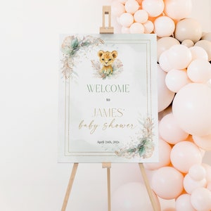 Lion greenery baby shower welcome sign printable, boy jungle animal baby shower welcome poster, little lion baby shower welcome sign - C157