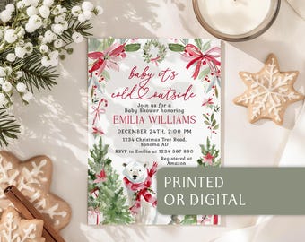 Christmas Baby It's Cold Outside Baby Shower Invitation:  Winter Holiday Polar Bear Red Poinsettia Invite Card