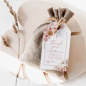 Printable blush pink fall thank you girl baptism gift tags, bohemian floral baptism favor gift tags, pumpkin religious thank you tags - C324