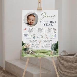 Golf birthday milestone poster printable, sports theme 1st birthday milestone with photo, golf cart and flag 1st bday milestone board - C646