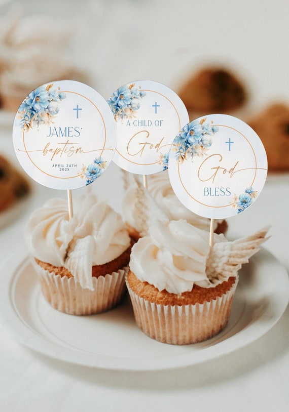 Gyufise Cupcake-Topper 'God Bless Boy' – 24 Stück, Mit Taube, Kelch, Bibel-Motiv, Für Taufe, Erstkommunion, Babyparty