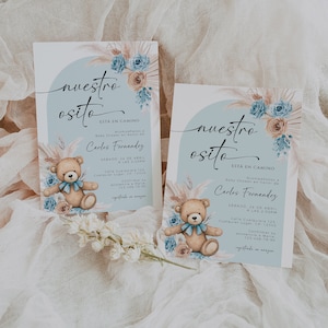 Nuestro osito baby shower invite card in spanish printable, flores del arco del oso azul invitación español, bear neutral invitacion - C443