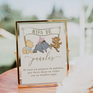Vintage winnie the pooh spanish diaper raffle sign printable, pooh and friends spanish boy shower sign, cartel de rifa de pañales - C567-b