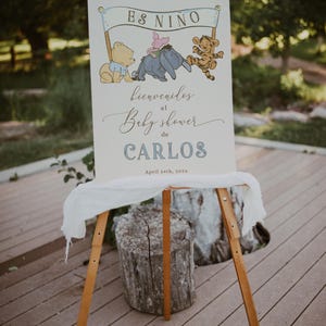 Es niño vintage winnie the pooh spanish baby shower bienvenidos sign template, pooh with friends spanish baby shower welcome poster - C567-b