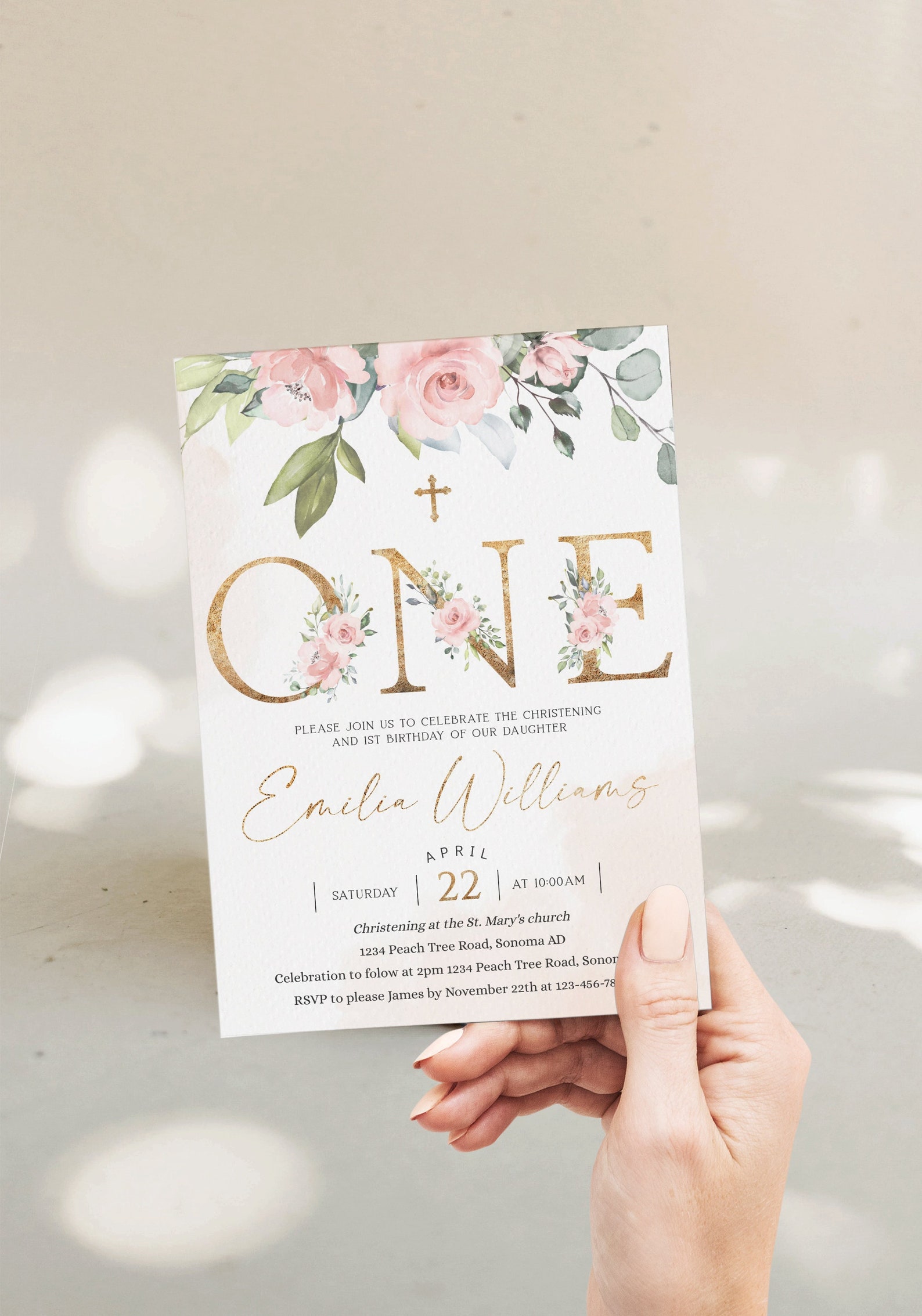Christening and 1st Birthday Invitation Template Girl Blush Etsy