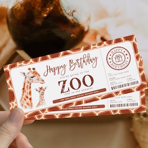 Giraffe experience gift voucher, zoo ticket card bday party present, surprise gift reveal ticket, zoo or safari gift ticket for any occasion