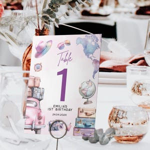 Purple vintage map birthday party table number printable, world travel 1st birthday table number, pink car trip birthday table number - C685