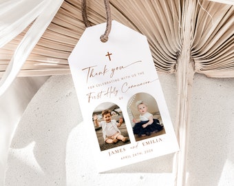 Twins first communion thank you tag editable and decor, twin boy & girl 1st communion favor gift label with photo, communion favor tag -C212