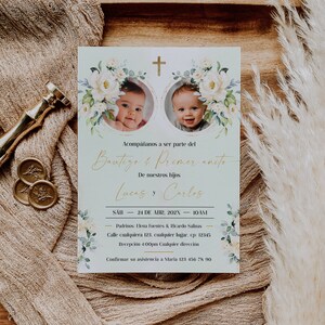 Invitaciones de bautizo de la foto, twins green white floral baptism invitation in spanish with photo, invitación bautizo en español  -C302