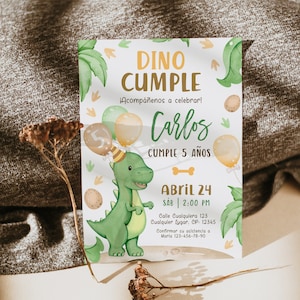 Invitación de cumpleaños en español para niño printable, dinosaurio invitación de 5 años niño, spanish dino 5th birthday party invite-C269