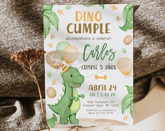 Invitación de cumpleaños en español para niño printable, dinosaurio invitación de 5 años niño, spanish dino 5th birthday party invite-C269