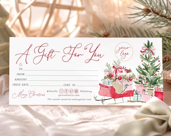 Christmas Green Tree Surprise Gift Voucher: Holiday Red Sleigh Certificate Printable