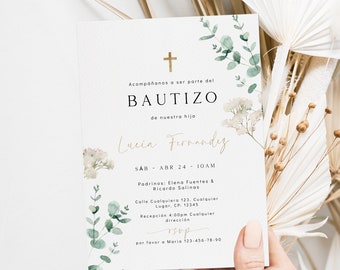 Greenery baptism invitation boy or girl neutral decor in Spanish template, eucalyptus invitación bautizo espanol, boho religious invite-C531