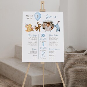 Winnie the pooh boy 1st birthday party milestone poster printable, pooh and friends blue first birthday milestone poster with photo - C536