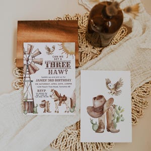 Can we get a three haw birthday invite printable, cowboy wildest third birthday invitation, western rodeo 3rd birthday party invite - C785
